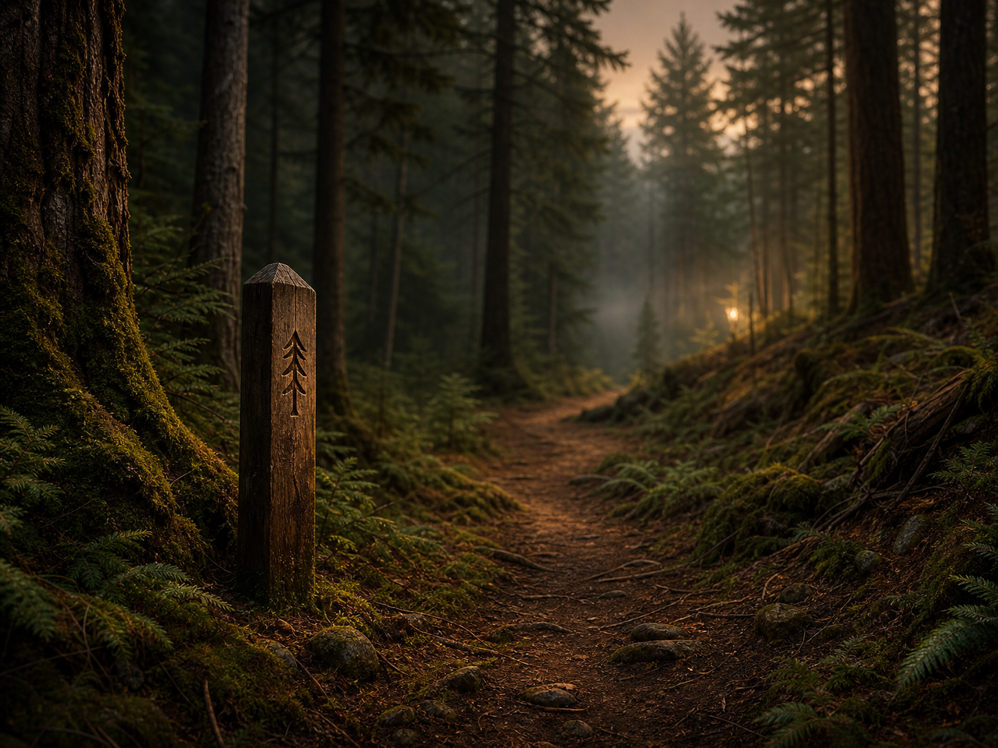 Quiet forest trail with a carved wooden trail marker