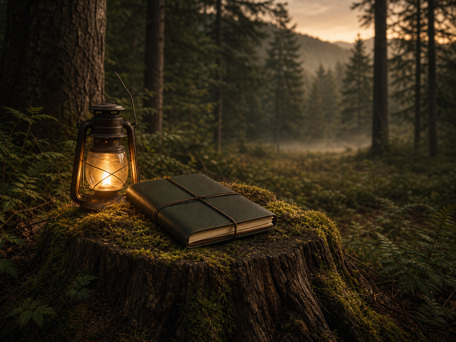 Closed field notebook and lantern on a moss-covered stump