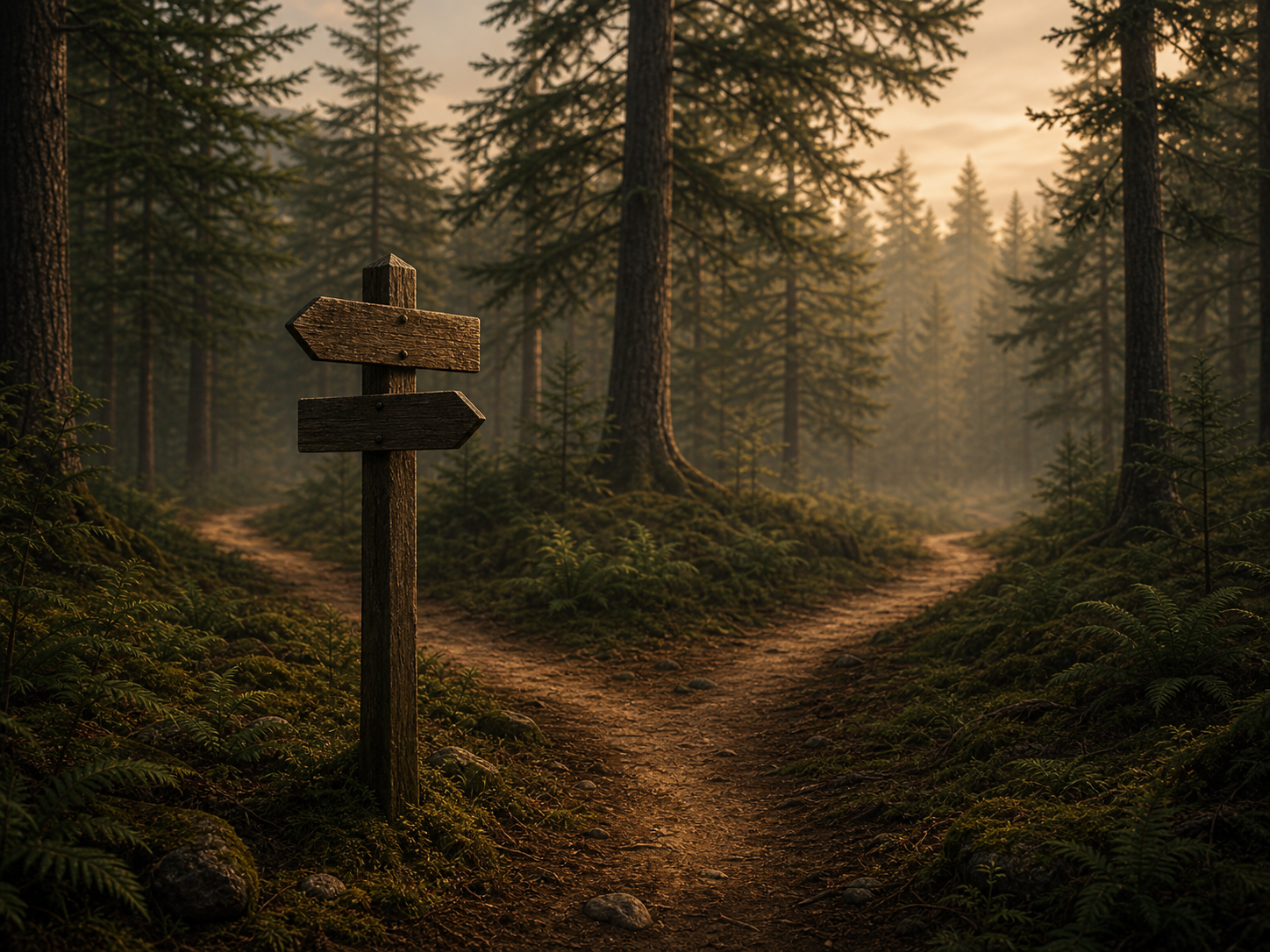 Calm forked woodland trail with a simple wooden signpost